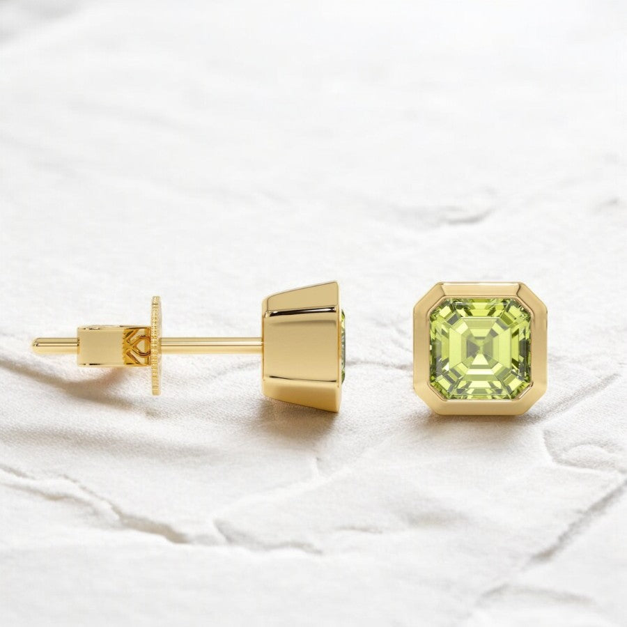 Cushion Cut Peridot Solitaire Bezel Studs - djoyr