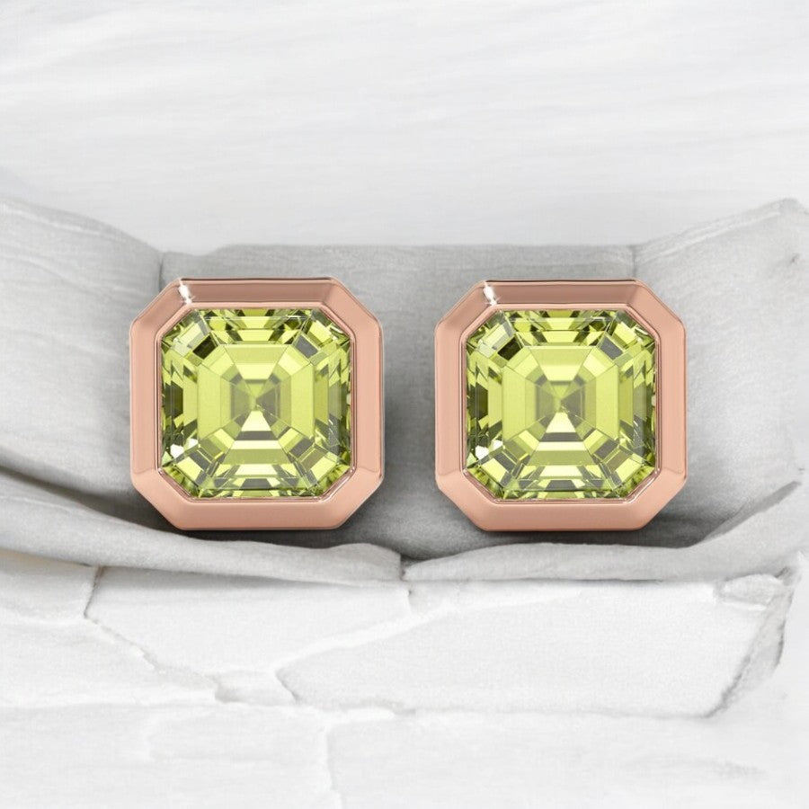Cushion Cut Peridot Solitaire Bezel Studs - djoyr