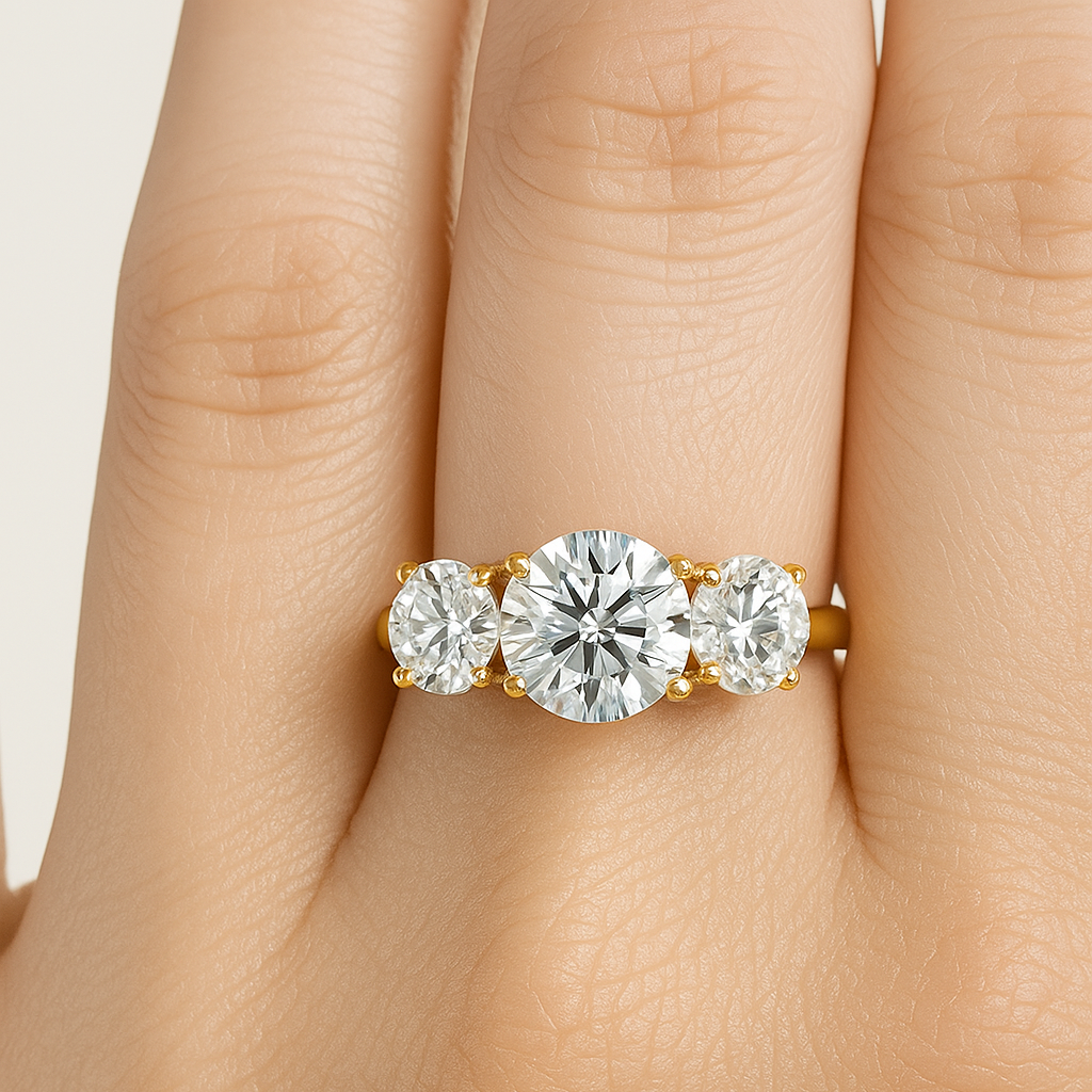 Three-Stone Natural Diamond Ring – 6 mm Center with 4 mm Sides, 14K Solid Gold (SI–G/H Minimum)