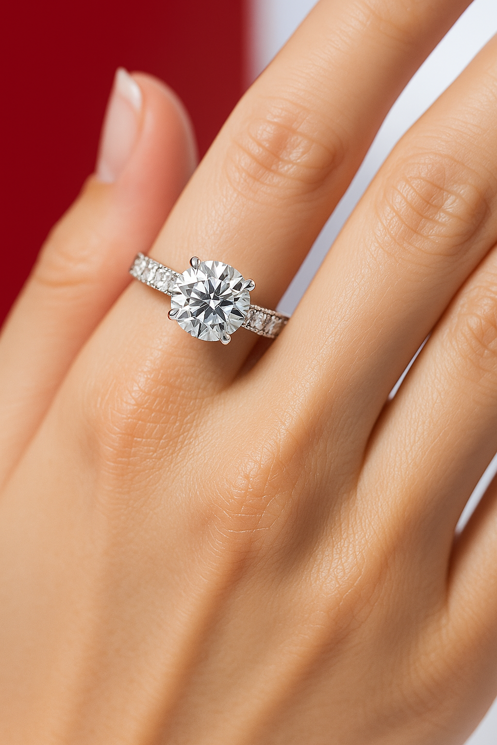 Round Cut Lab Diamond Solitaire Engagement Ring with Side Accents