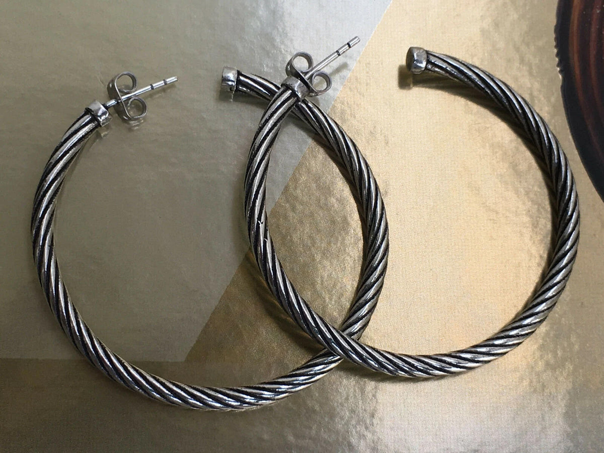 2.15 Inch (54mm) Cable Classic 925 Sterling Silver Oxidized Large Hoop Earrings