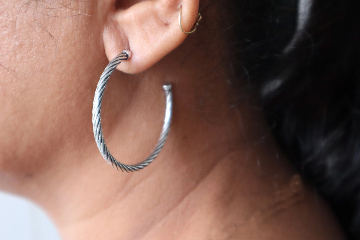 2.15 Inch (54mm) Cable Classic 925 Sterling Silver Oxidized Large Hoop Earrings