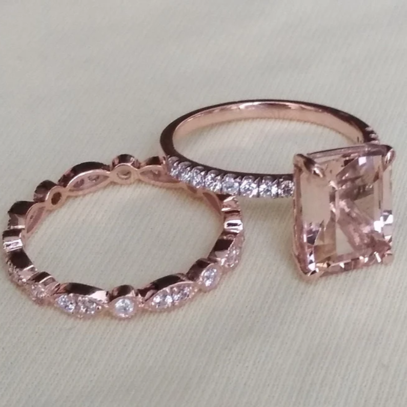 Natural Emerald Cut Morganite Ring Set