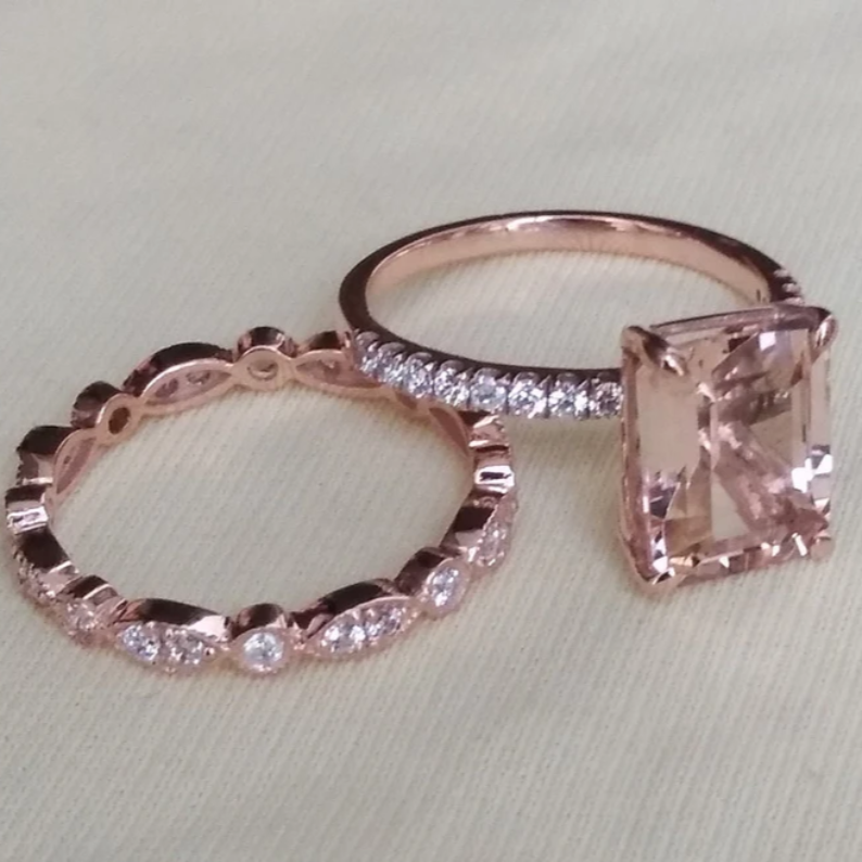 Natural Emerald Cut Morganite Ring Set - djoyr