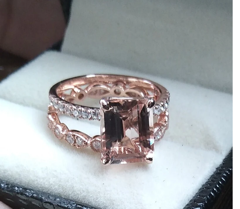 Natural Emerald Cut Morganite Ring Set