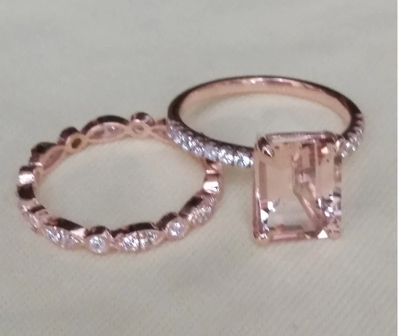 Natural Emerald Cut Morganite Ring Set