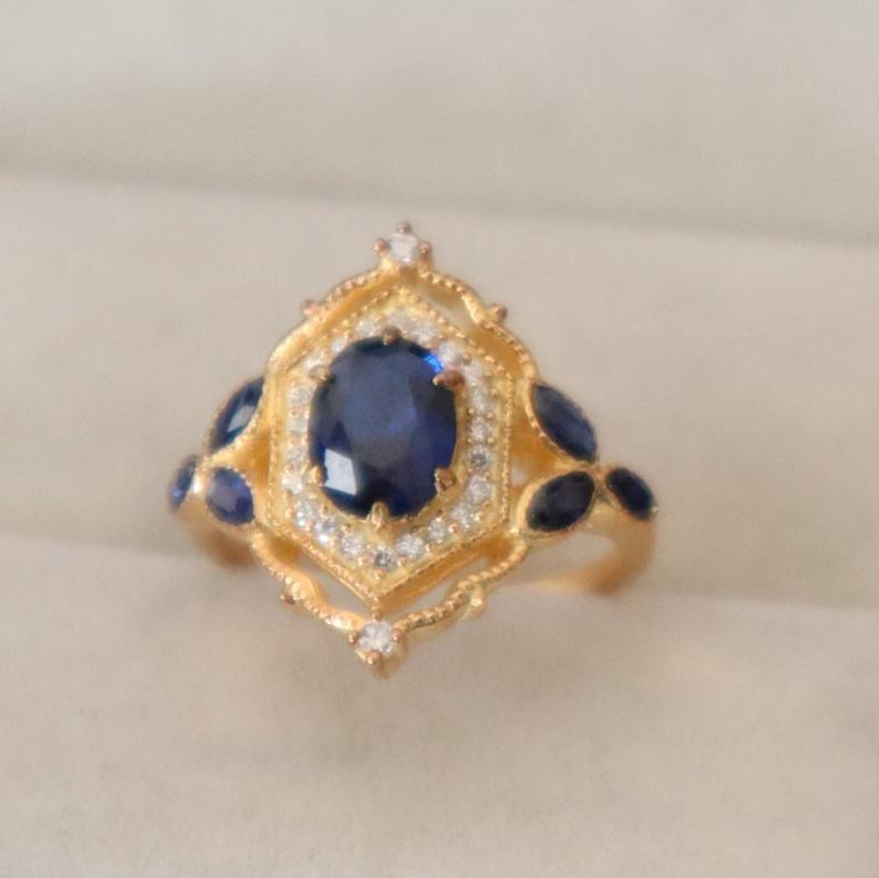 Vintage Blue Sapphire Ring- Art Deco 14K Yellow Gold Vermeil Engagement Promise Ring for Women Birthday Gift For Her- September Birthstone