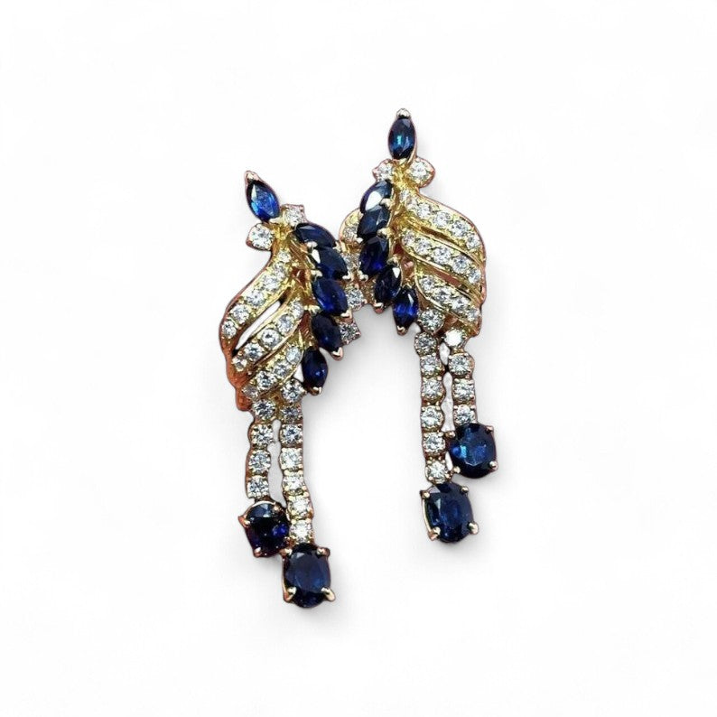 Lab Blue Sapphire and Moissanite Cocktail Earrings 18K Yellow Gold Vermeil Drop Retro Earrings