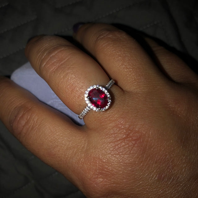 Lab Grown Ruby Ring with Moissanite halo