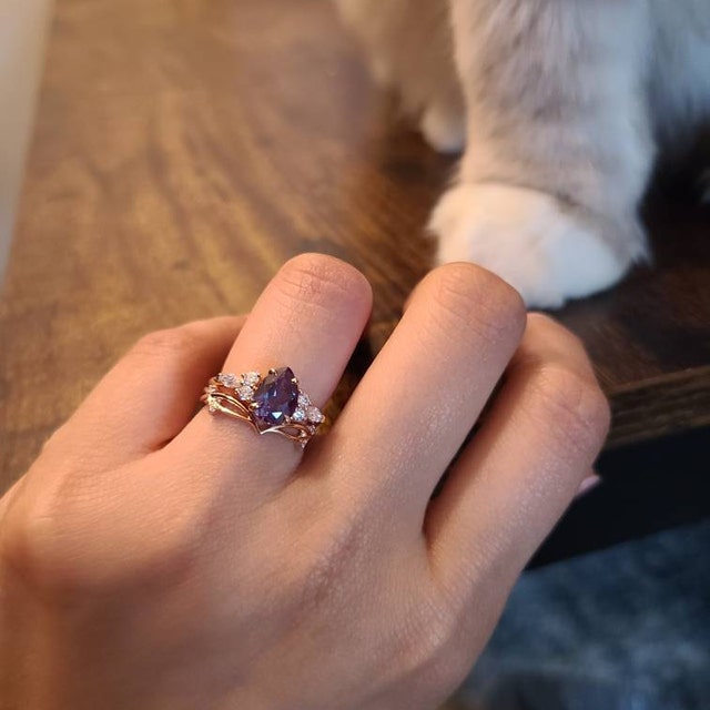 Pear Shaped Lab Grown Alexandrite Ring Set