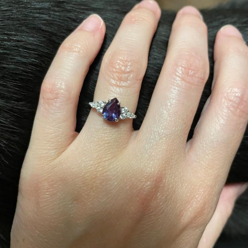 Pear Shaped Lab Grown Alexandrite Ring Set