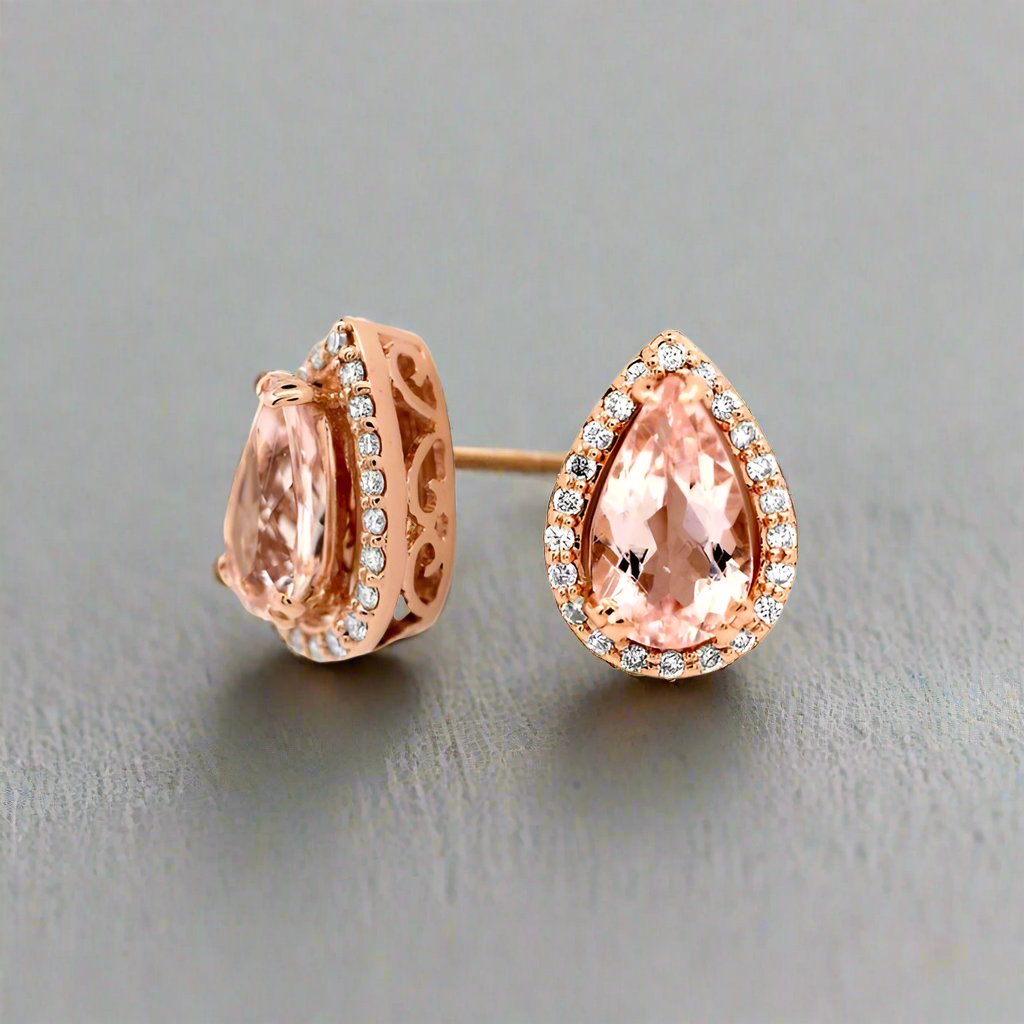 Morganite Pear halo Studs - djoyr