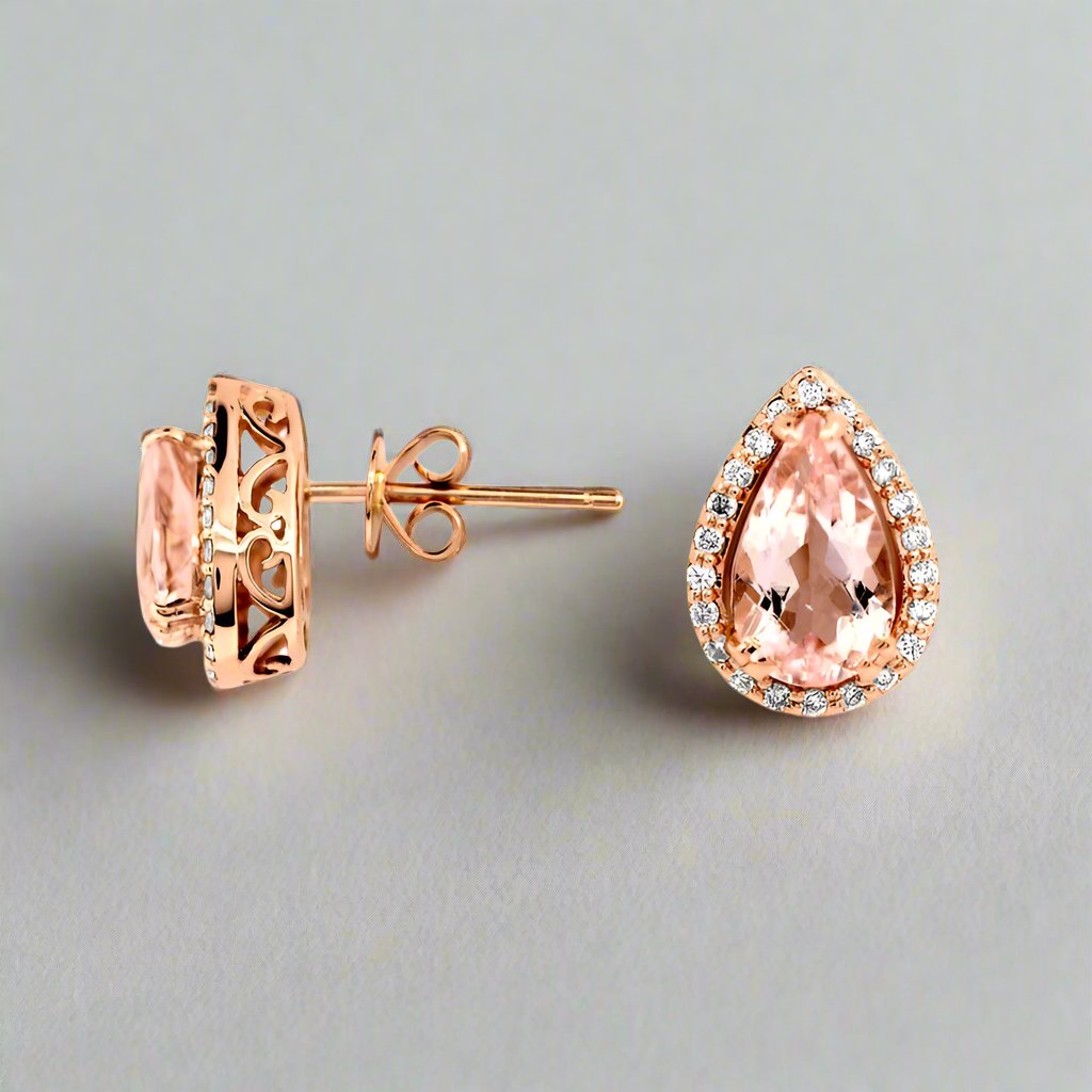 Morganite Pear halo Studs - djoyr