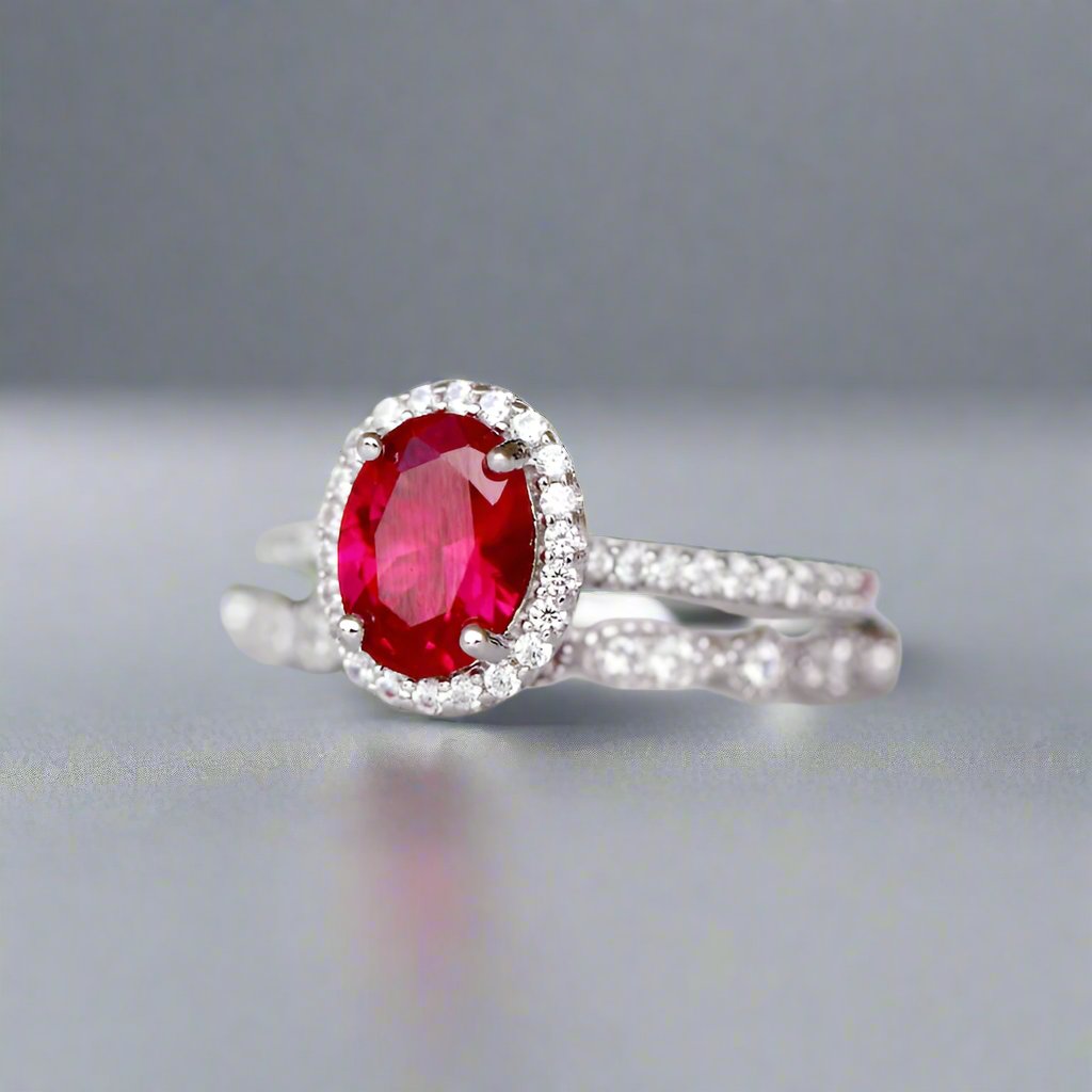 Lab Grown Ruby Ring with Moissanite halo