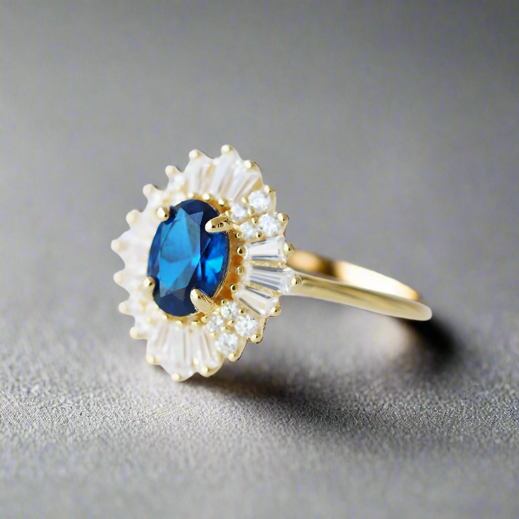 blue sapphire ring in gold with moissanites
