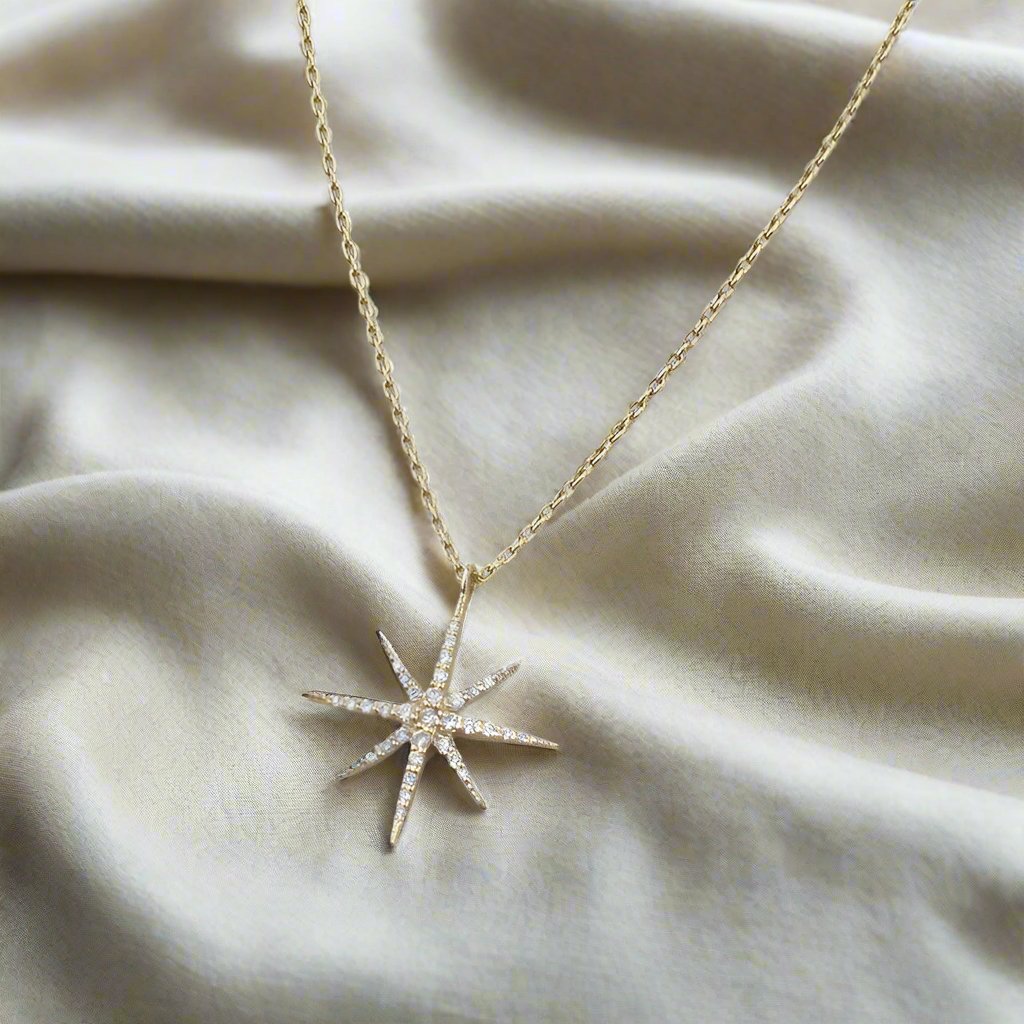 Beacon Necklace featuring a delicate North Star pendant with 33 lab-grown diamonds, set in a minimalist design for a subtle sparkle, symbolizing guidance and inner light.