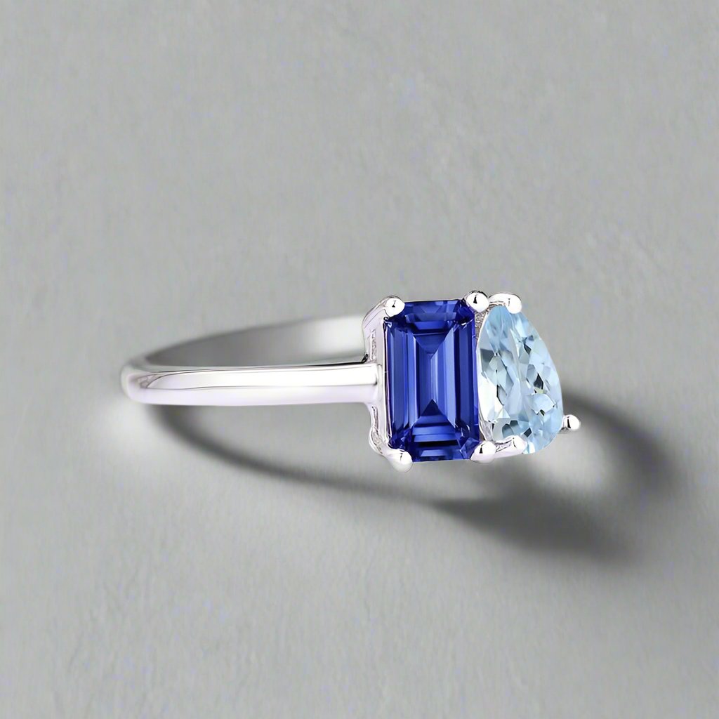 Lab grown Moi et toi Blue sapphire and Aquamarine Ring - djoyr