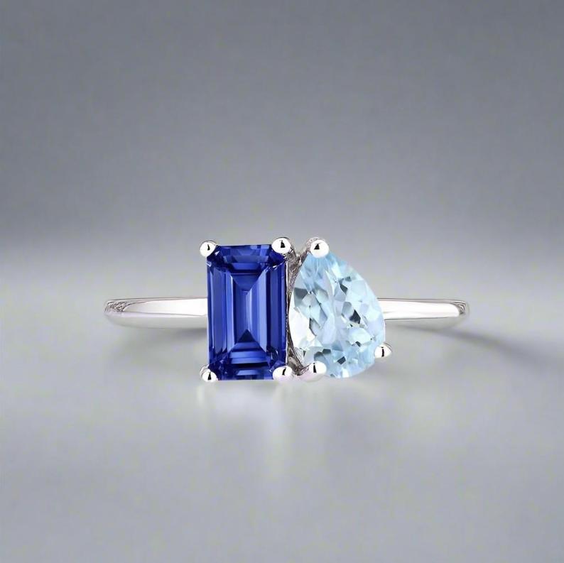 Moi et toi Blue sapphire and Aquamarine Ring