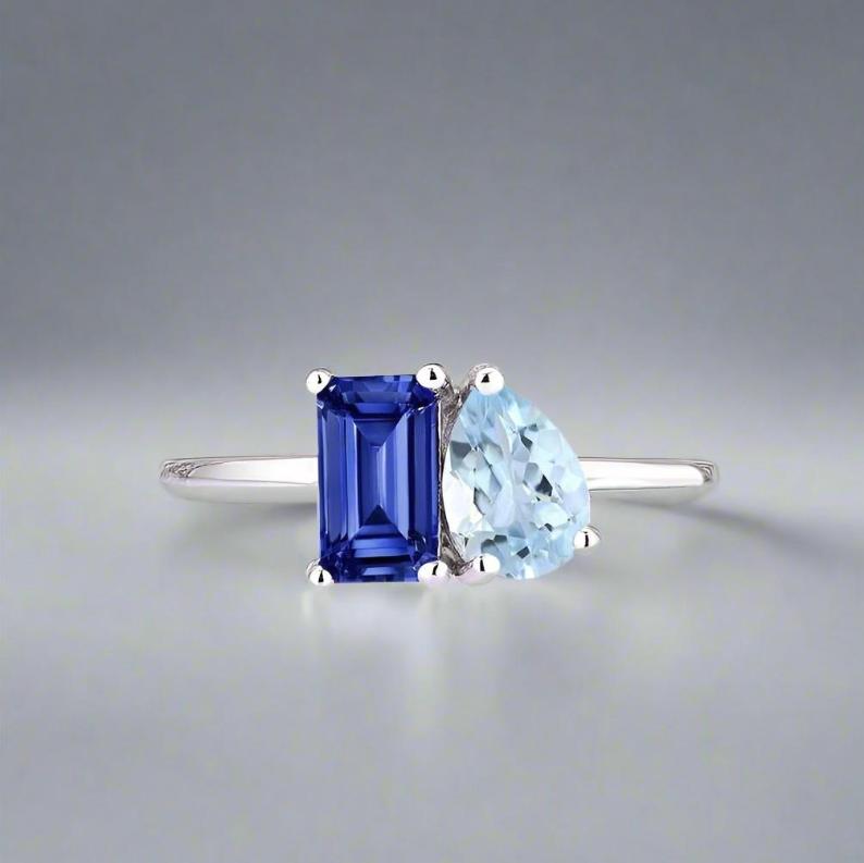 Lab grown Moi et toi Blue sapphire and Aquamarine Ring - djoyr