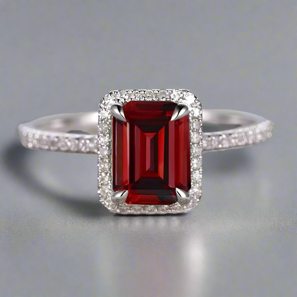 Garnet Halo Emerald Cut Ring - djoyr