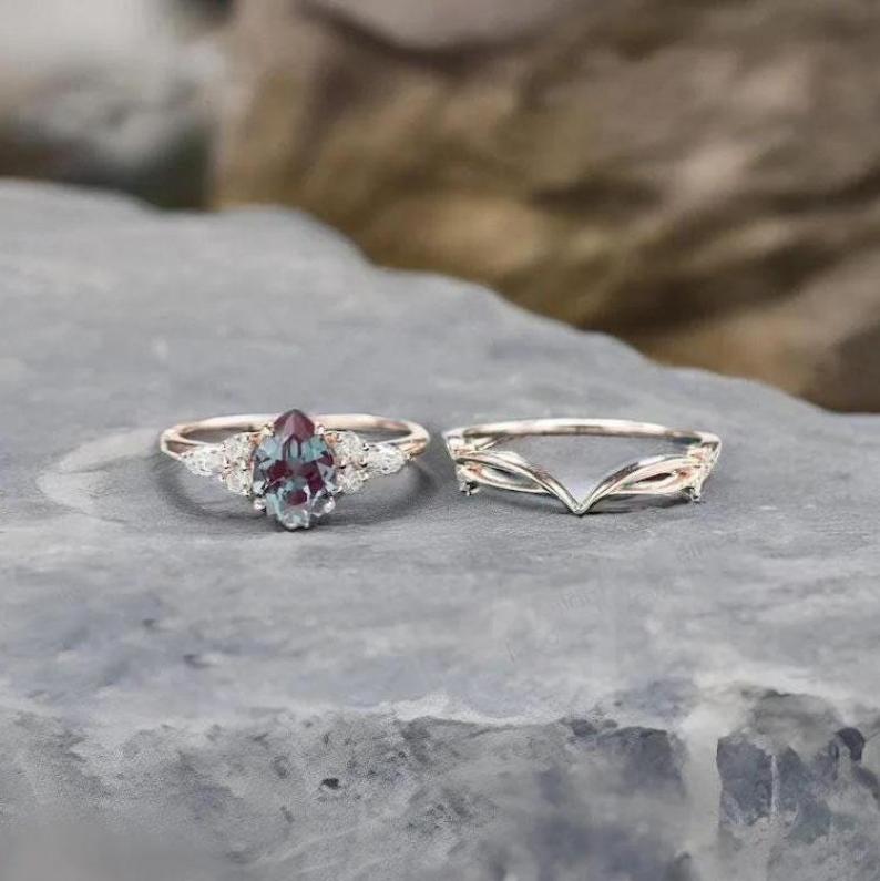 Pear Shaped Lab Grown Alexandrite Ring Set