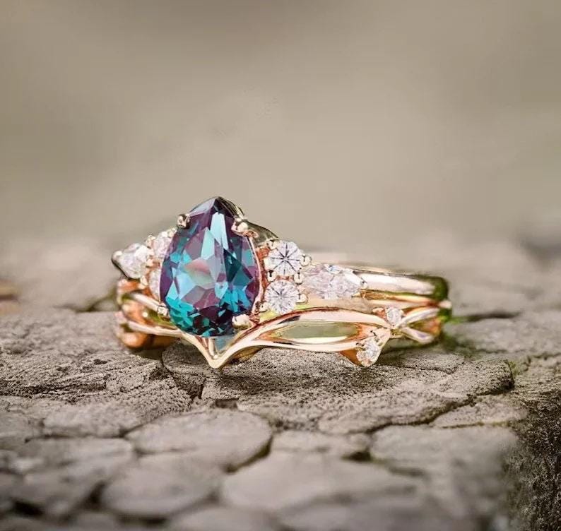 Pear Shaped Lab Grown Alexandrite Ring Set