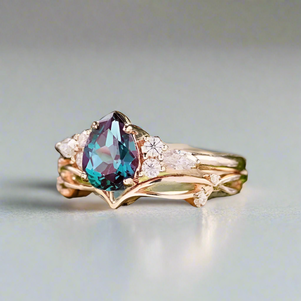 Pear Shaped Lab Grown Alexandrite Ring Set - djoyr