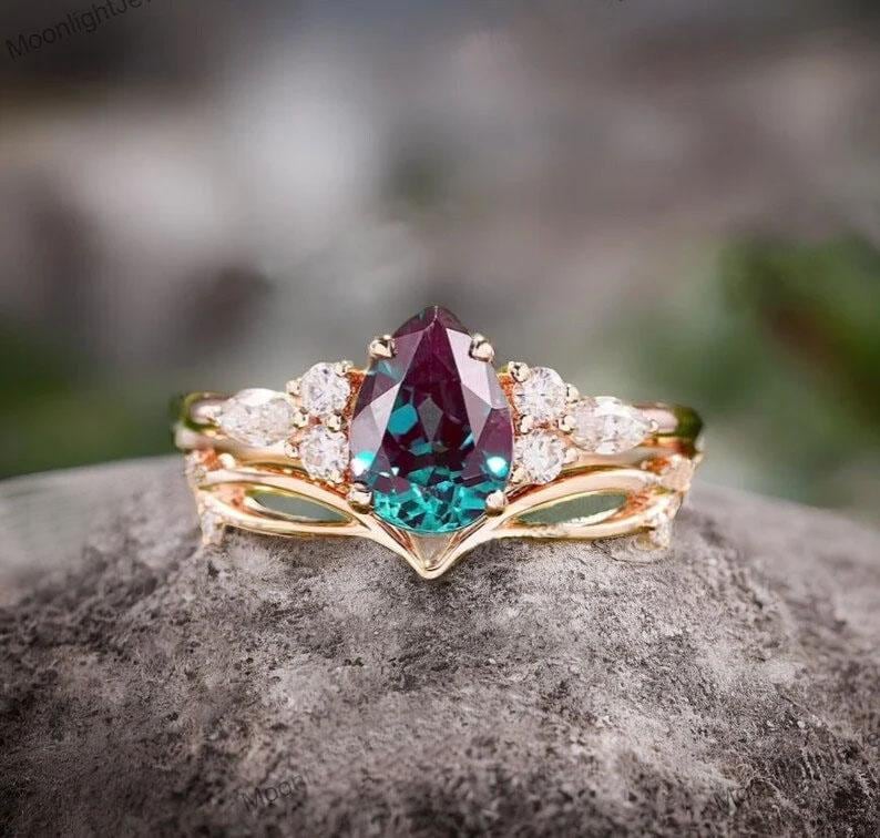 Pear Shaped Lab Grown Alexandrite Ring Set