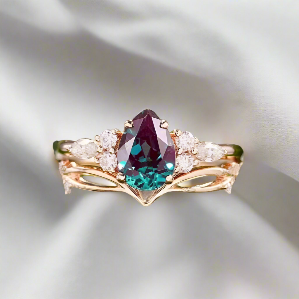 Pear Shaped Lab Grown Alexandrite Ring Set