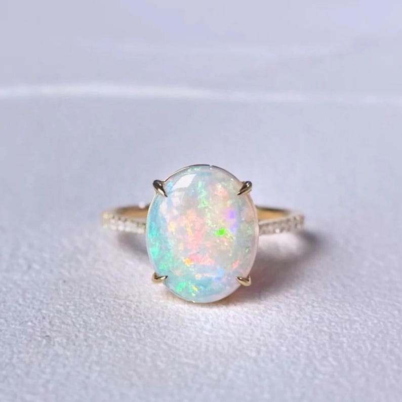 White Opal Oval Shape Ring-Ethiopian Opal Fire Ring-14K Solid Gold Ring-October Month Birthstone For Her