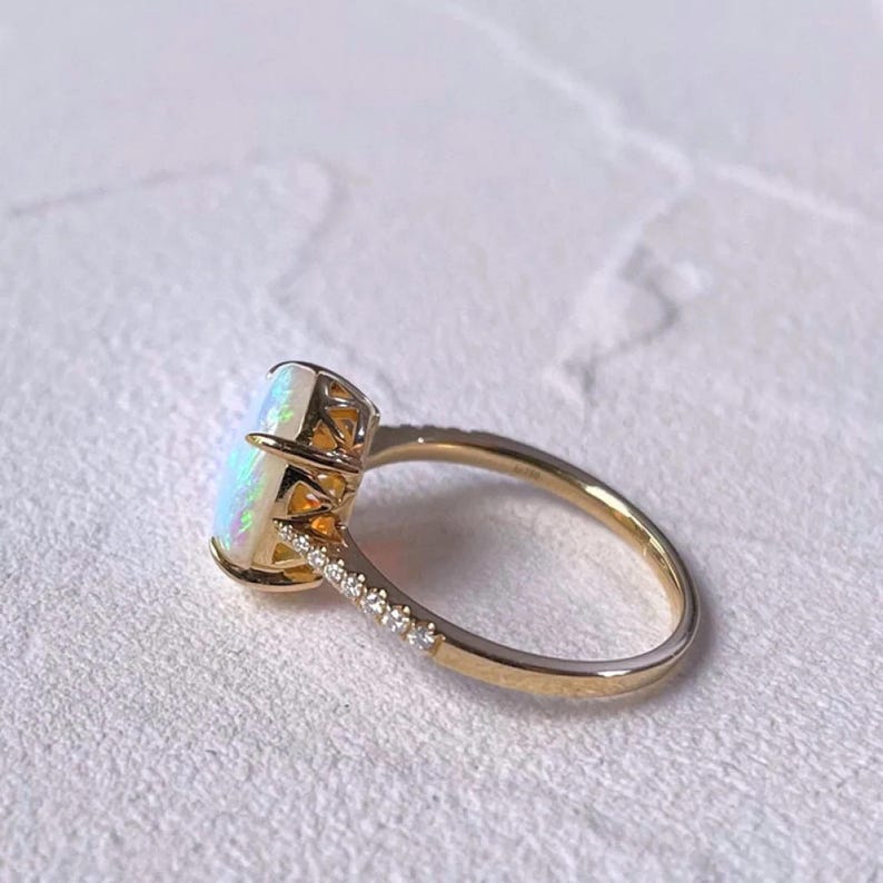 White Opal Oval Shape Ring- Engagement Ring-Ethiopian Opal Fire Ring-14K Solid Gold Ring-October Month Birthstone For Her