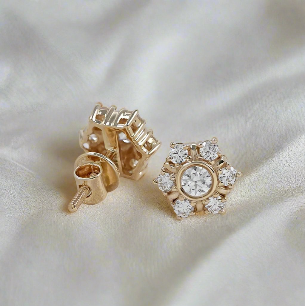 Minimalist lab-grown diamond stud earrings featuring round brilliant-cut diamonds, 0.60 TCW, available in EF/VS clarity, with screw-back closure for secure and elegant wear