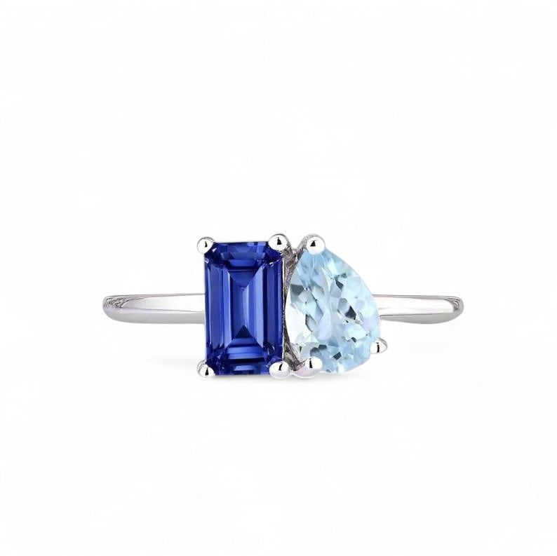 Moi et toi Blue sapphire and Aquamarine Ring - djoyr