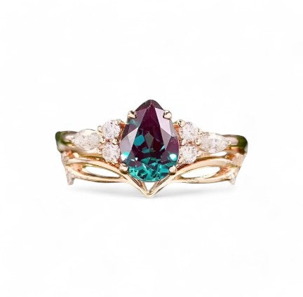 Pear Shaped Lab Grown Alexandrite Ring Set - djoyr