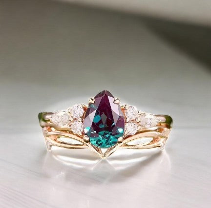 Pear Shaped Lab Grown Alexandrite Ring Set - djoyr