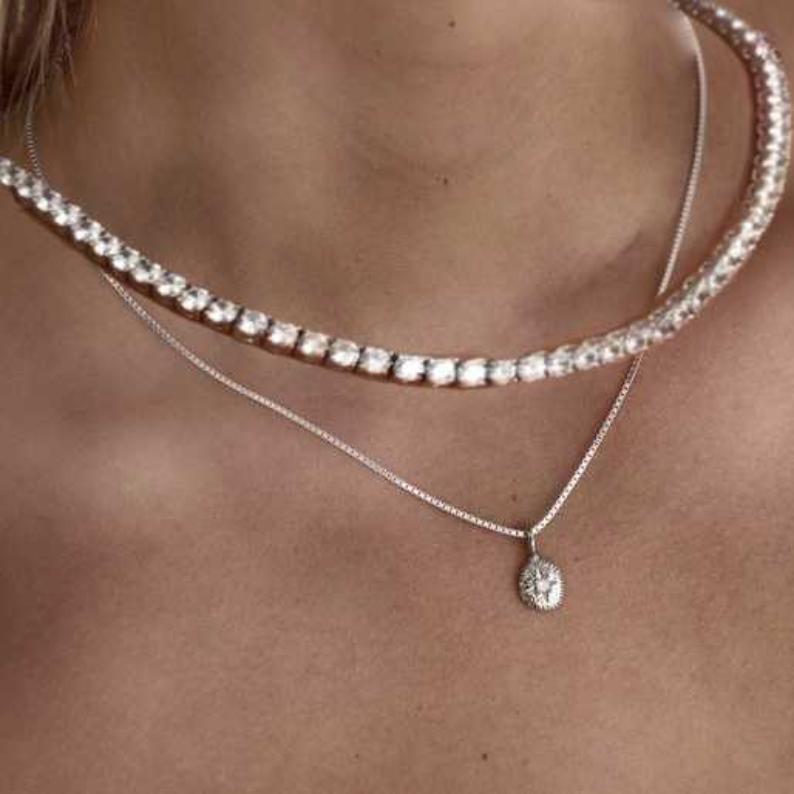 Round Moissanite Tennis Necklace in 925 Sterling Silver