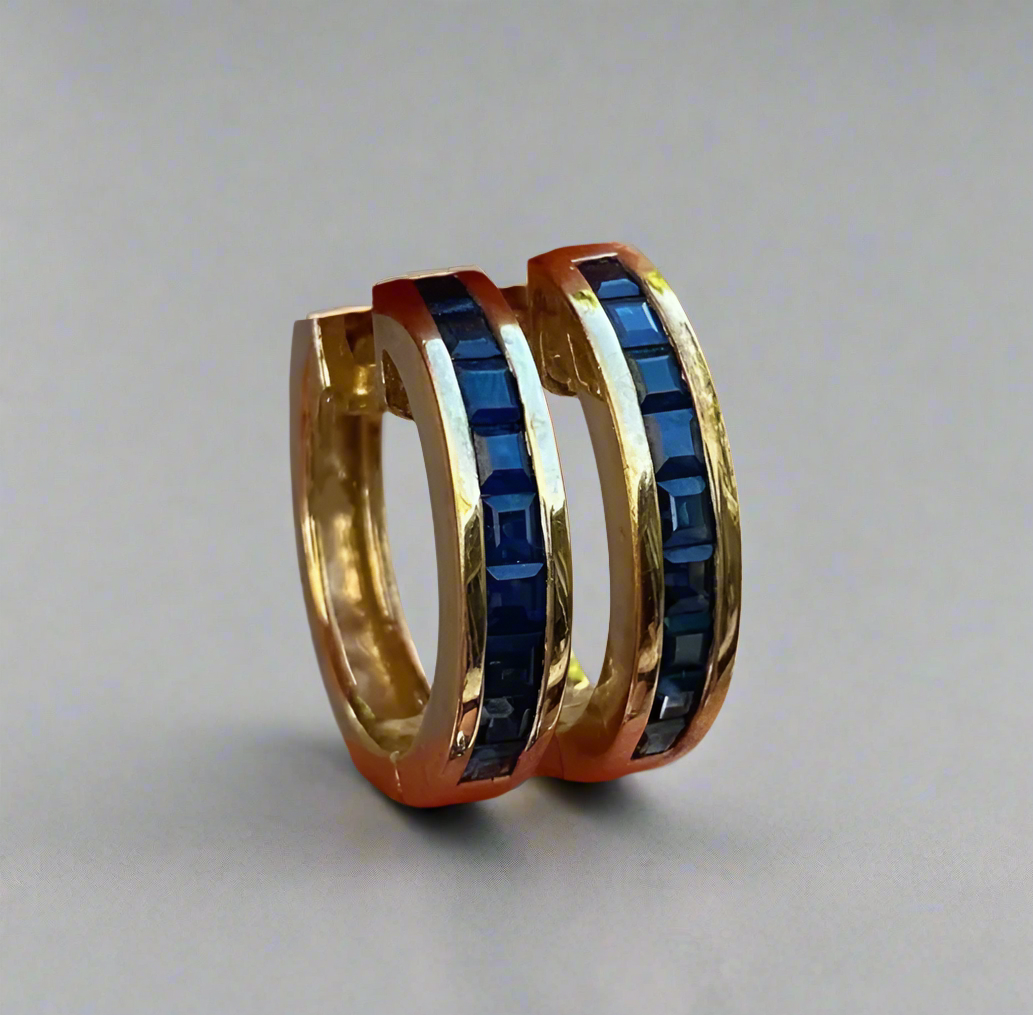Sapphire Baguette Gold Huggies - djoyr