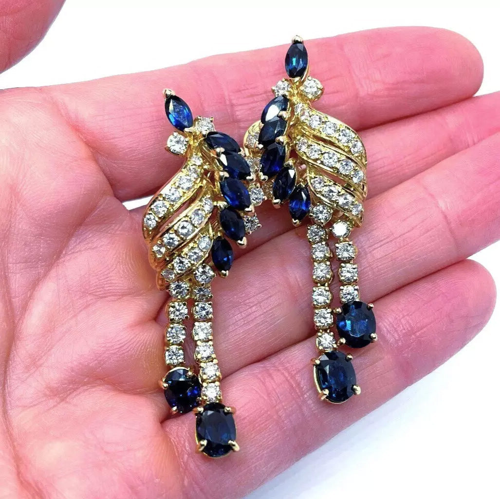 Lab Blue Sapphire and Moissanite Cocktail Earrings 18K Yellow Gold Vermeil Drop Retro Earrings