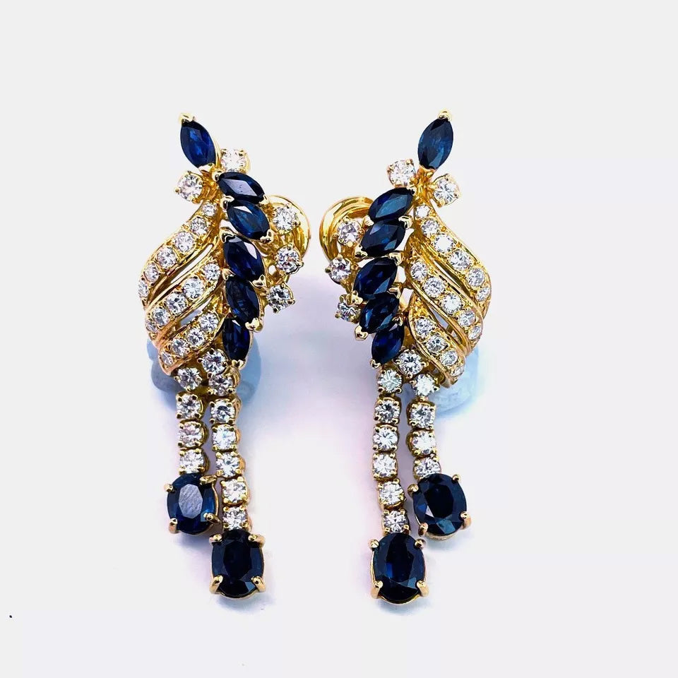 Lab Blue Sapphire and Moissanite Cocktail Earrings 18K Yellow Gold Vermeil Drop Retro Earrings - djoyr