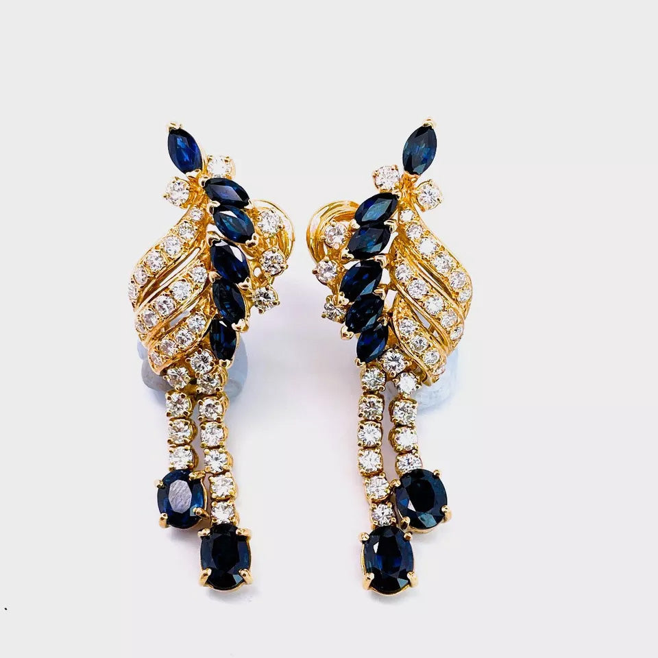 Lab Blue Sapphire and Moissanite Cocktail Earrings 18K Yellow Gold Vermeil Drop Retro Earrings