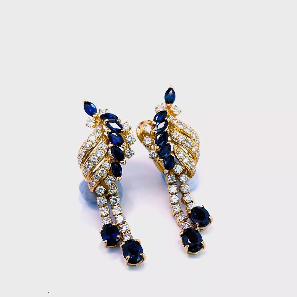 Lab Blue Sapphire and Moissanite Cocktail Earrings 18K Yellow Gold Vermeil Drop Retro Earrings