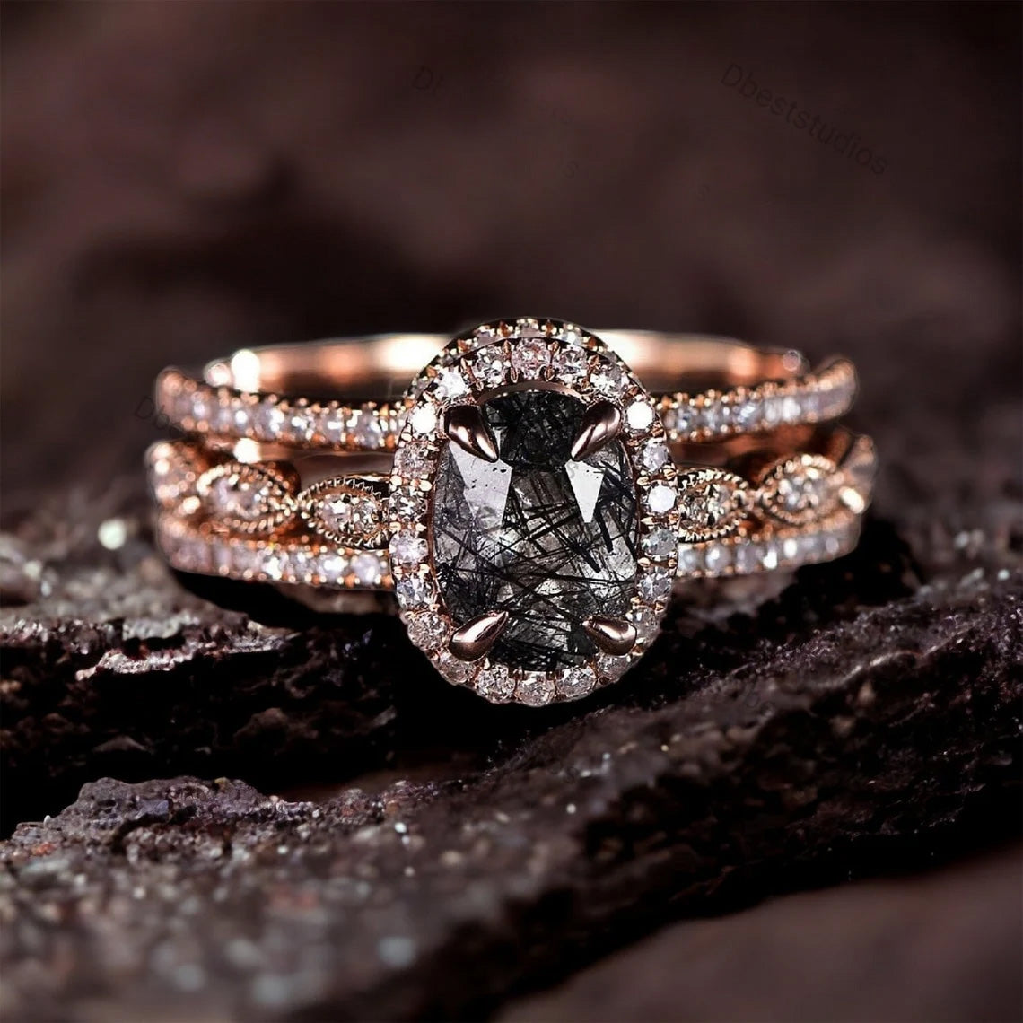 Vintage Black Rutilated Quartz Ring Set - djoyr
