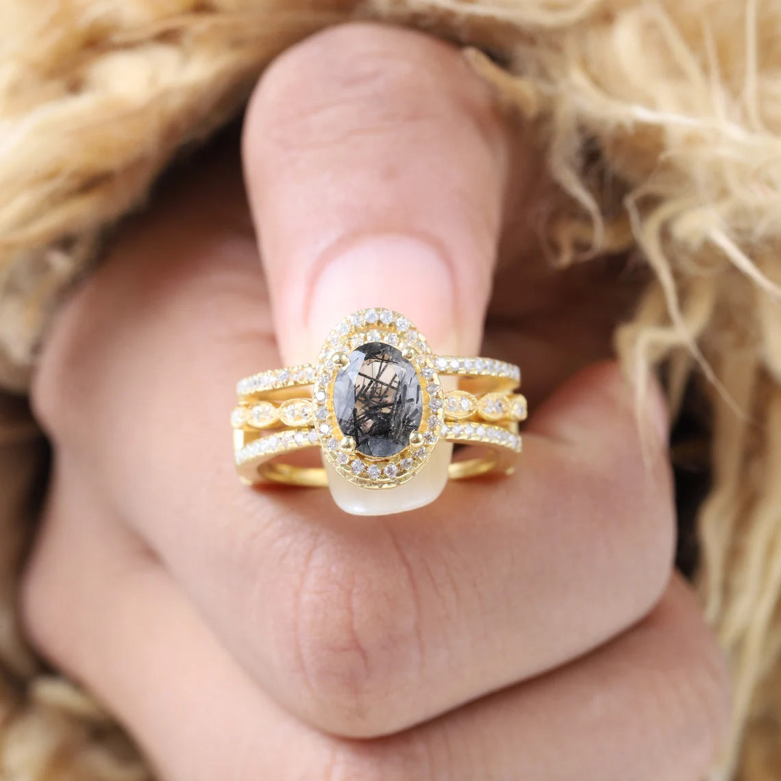 Vintage Black Rutilated Quartz Ring Set