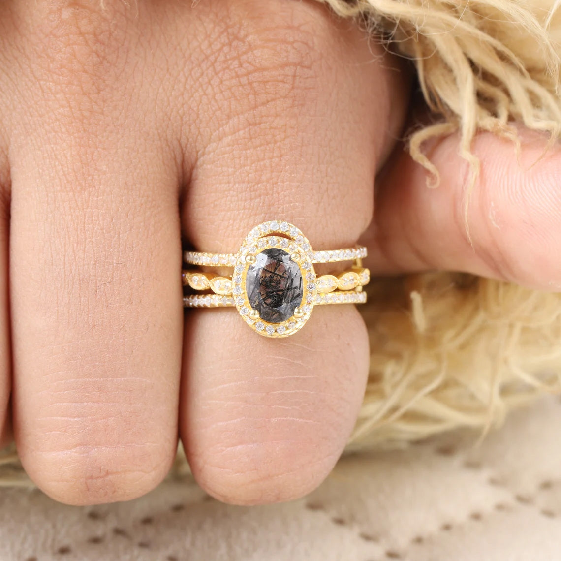 Vintage Black Rutilated Quartz Ring Set