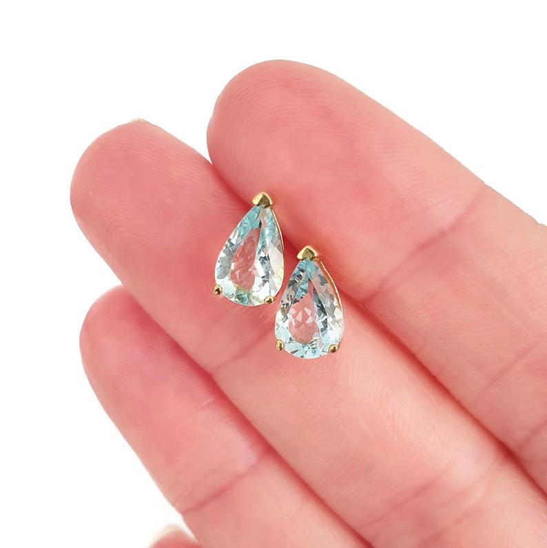 Pear Natural Aquamarine Studs 14K Yellow Gold Vermeil Earrings - djoyr