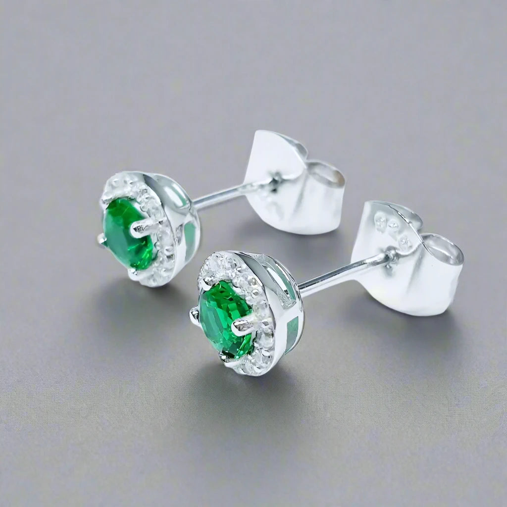 Round Halo Lab-Created Emerald Earrings in Silver - djoyr