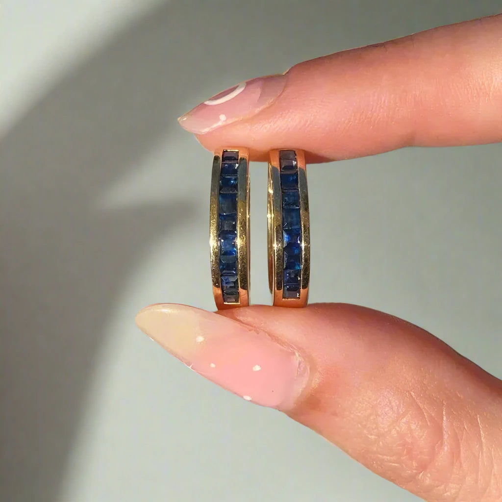 Sapphire Baguette Gold Huggies - djoyr