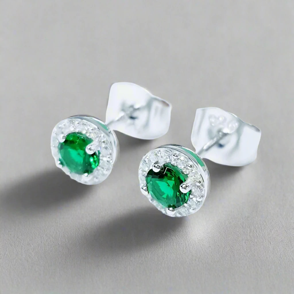 Round Halo Lab-Created Emerald Earrings in Silver - djoyr