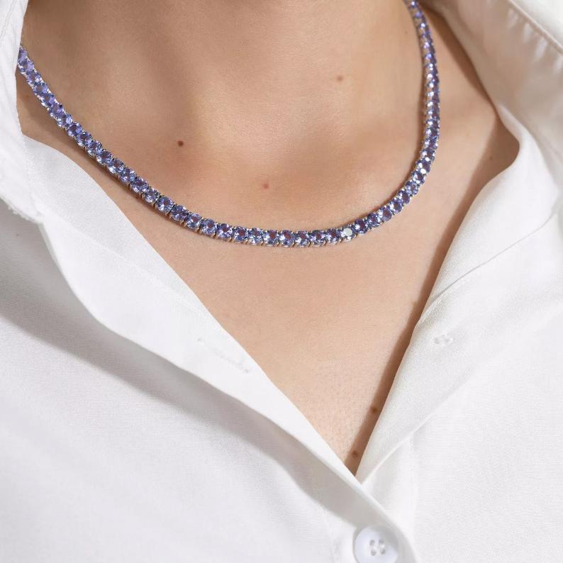 Round Tanzanite Tennis Necklace in Silver - djoyr