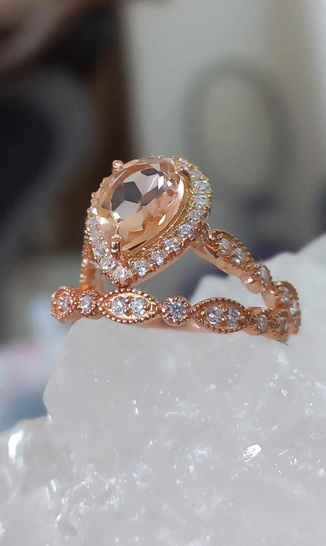 Teardrop Natural Morganite Ring Set - djoyr